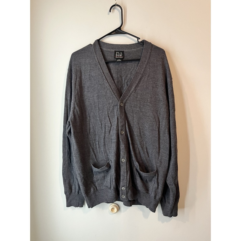 Jos A Bank 100% Merino Wool Mens Button Front Cardigan Sweater Vneck Size XL Gra